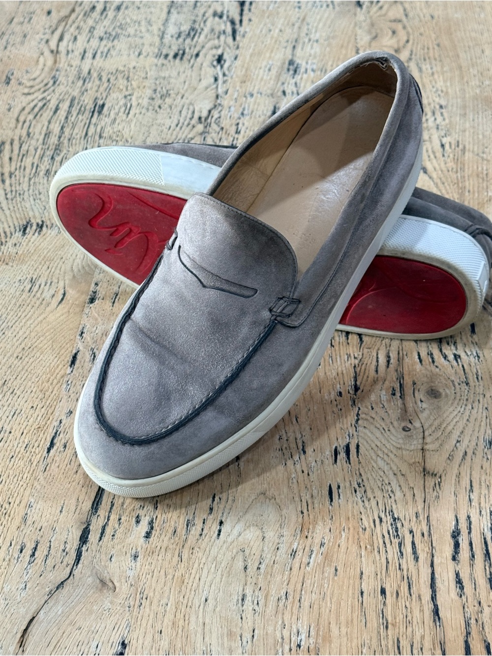 Christian Louboutin Taupe Suede Slip-On Loafers with Red Soles